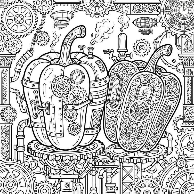 Embark on a creative journey with our Steampunk Bell Peppers coloring page, where organic forms meet intricate Victorian machinery. This detailed design offers a unique blend of nature and industrial fantasy, perfect for an engaging coloring experience.