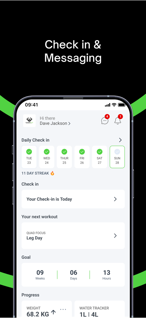 Sama Fit‎ - Sama Fit app dashboard showing daily check-in streak, scheduled workouts, and progress tracking for weight and water intake.