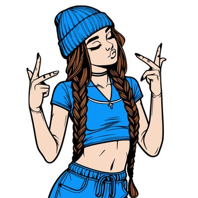 realistic teenage girl with braids and a beanie and crop top doing 🫶🏼