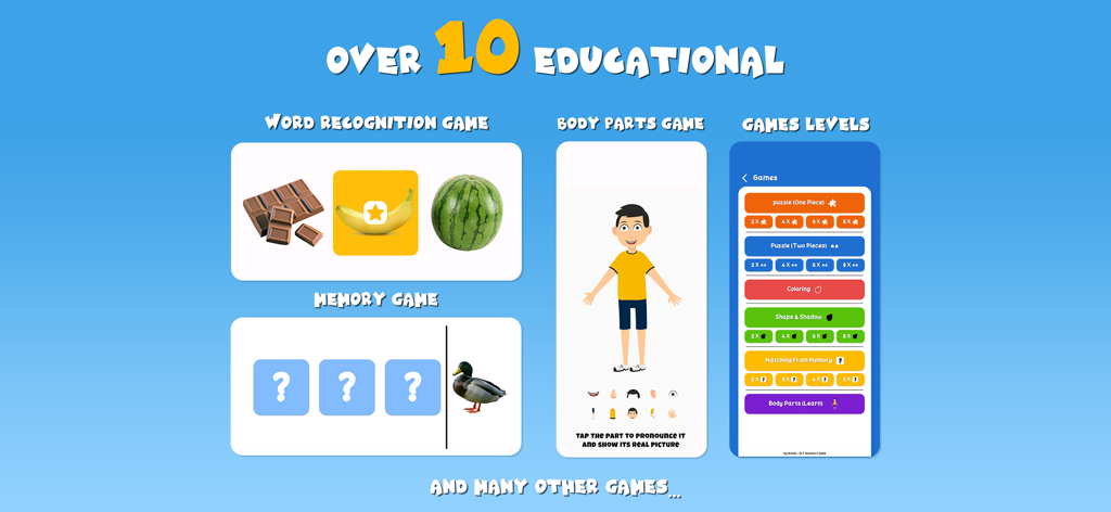 Showcase of educational games for toddler speech therapy featuring word recognition memory matching and body parts identification.