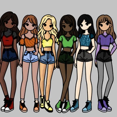 a group of girls wearing crop tops and shorts
