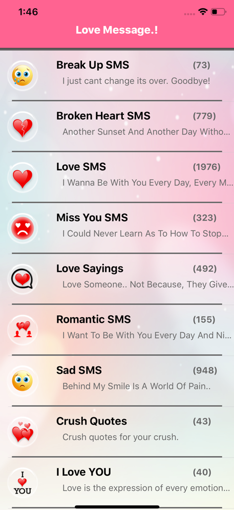 Love Quotes- Daily Love Quotes - Lista de categorías de mensajes en la aplicación Love Quotes, incluyendo SMS románticos y citas para flechazos.