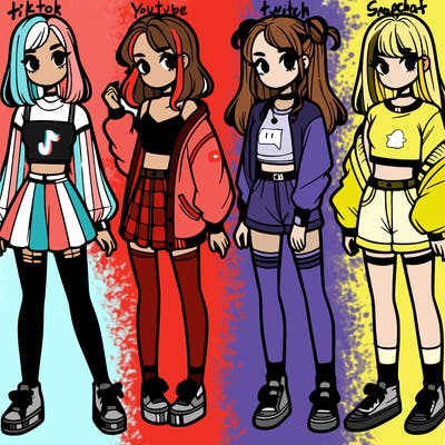 one girl with crop-top shirt and a jacket with a skirt, long socks and another girl with a shirt and pants with a jacket