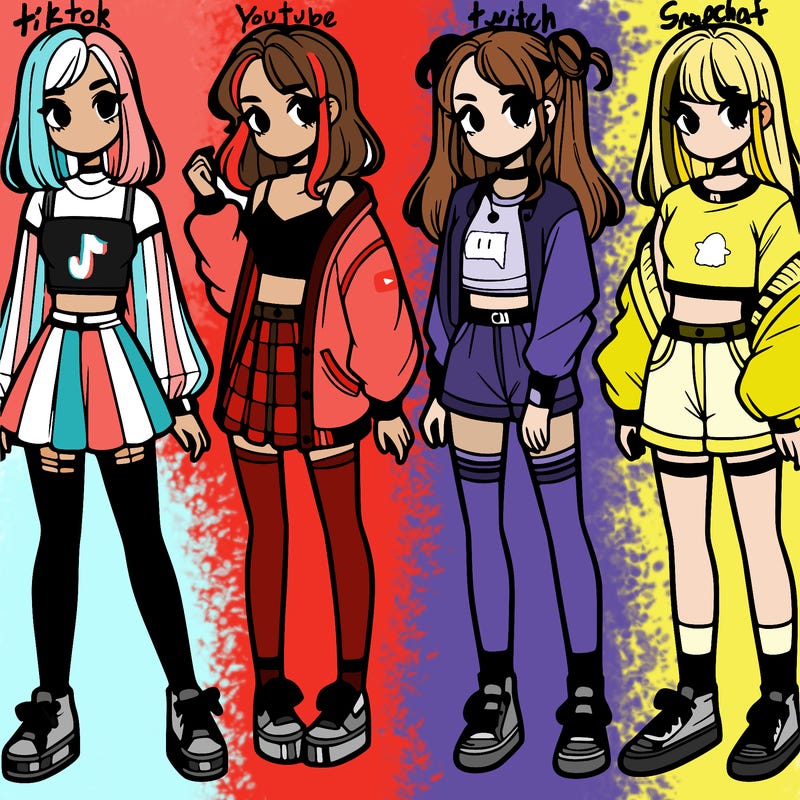 one girl with crop-top shirt and a jacket with a skirt, long socks and another girl with a shirt and pants with a jacket