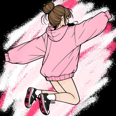 realistic girl jumping with a bun and oversized sweatshirt