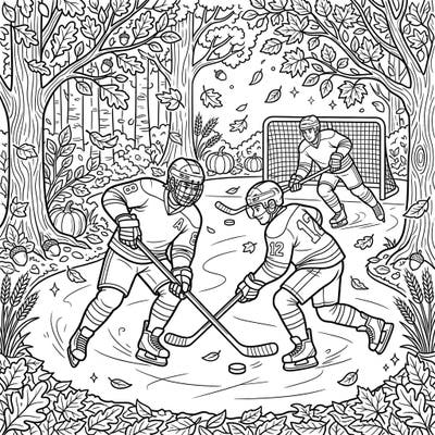 Experience the thrill of the game blended with the beauty of the season in this unique ice hockey coloring page. Perfect for sports fans and autumn lovers, this design invites you to bring vibrant fall colors to the rink.