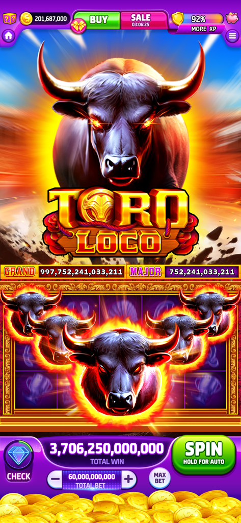 Toro Loco slot machine screen in Cash Tornado Slots featuring fierce bull symbols and a massive coin jackpot
