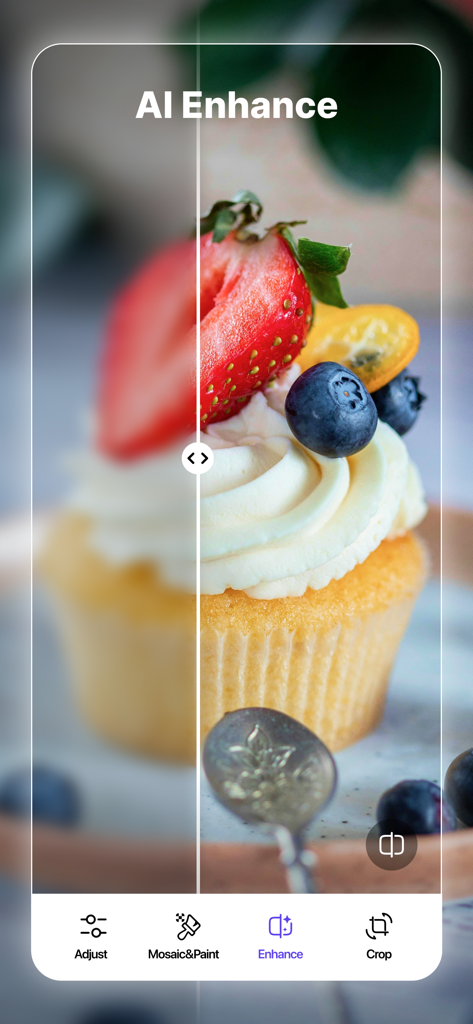 Object Removal AI - AI Retouch - AI 향상 기능을 사용하여 흐릿한 이미지를 선명하게 하는 컵케이크 사진의 전후 비교