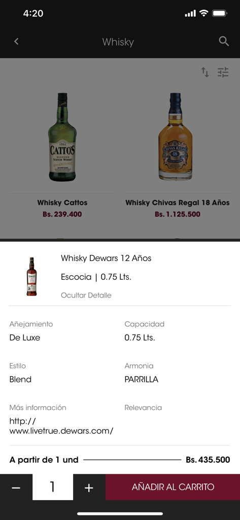 Whisky product detail and catalog in the Licores Mundiales mobile app