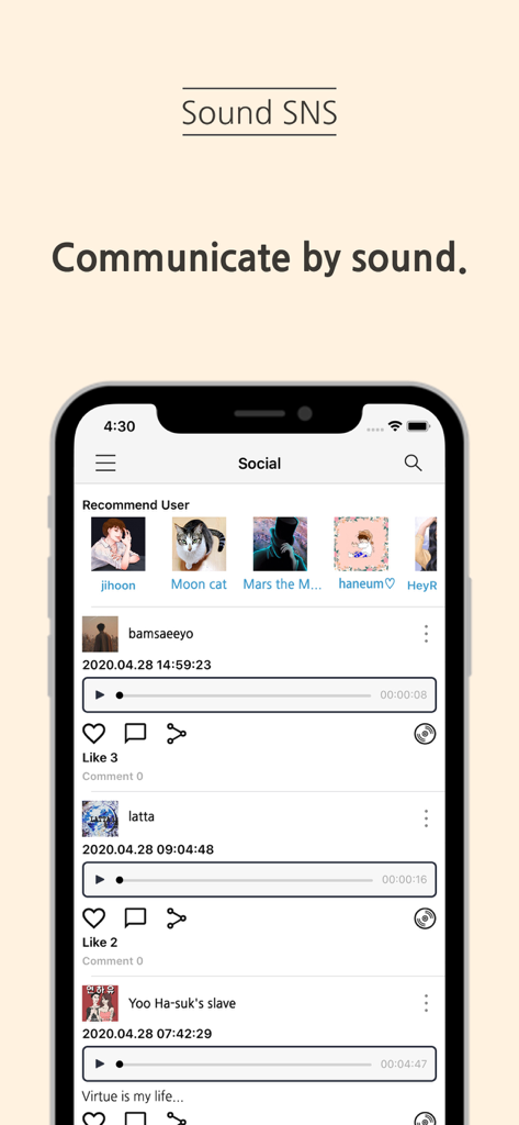 Smartphone screen displaying the Dalvoice social feed with audio recordings and recommended voice creators