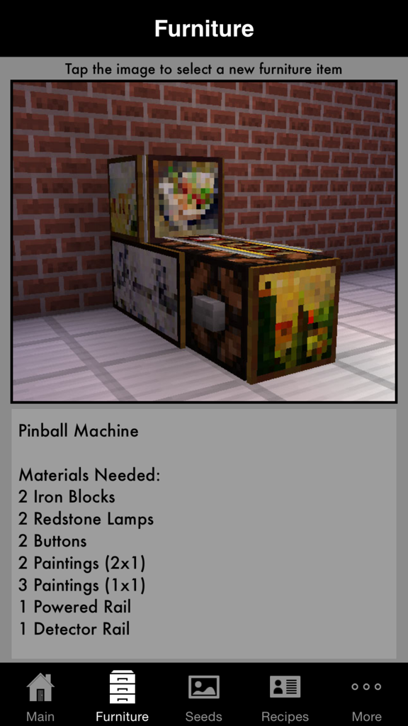 Guide de construction de meubles Minecraft montrant comment construire un flipper avec une liste des matériaux nécessaires.