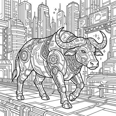 Discover a unique blend of nature and technology with this captivating cyberpunk water buffalo coloring page. Explore a futuristic urban landscape filled with intricate details waiting for your creative touch.