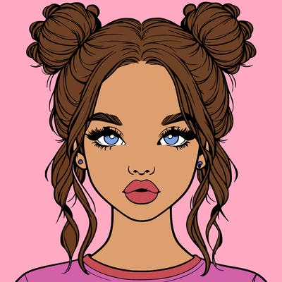 realistic girl with two buns in hair and lips