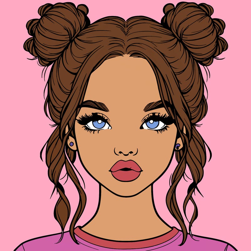 realistic girl with two buns in hair and lips