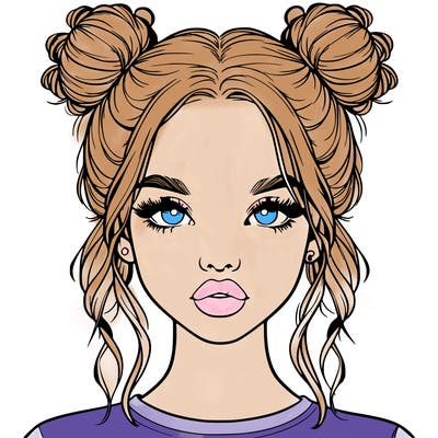 realistic girl with two buns in hair and lips