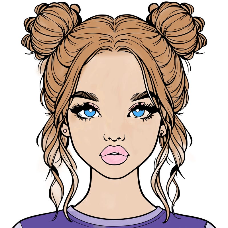 realistic girl with two buns in hair and lips