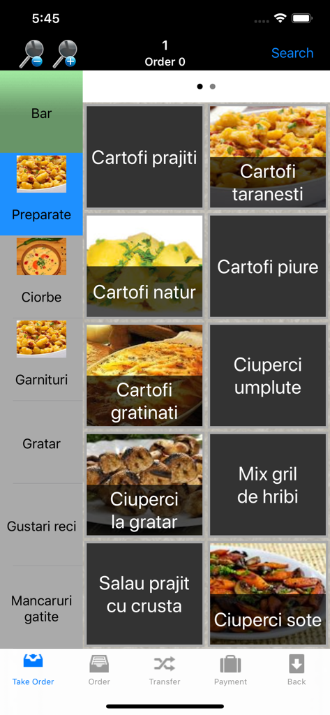 POSnet - Mobile POS interface showing a digital restaurant menu for tableside ordering
