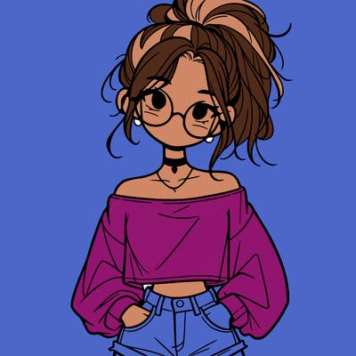 girl with a messy ponytail glasses a baggy crop top and jean shorts