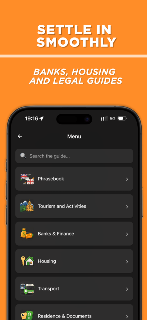 GeoMate: Georgia Travel Guide - GeoMate app interface showing travel and relocation menu options like Banks, Housing, and Residence Documents.