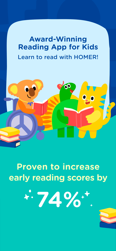 Award winning HOMER reading app for kids showing a 74 percent increase in early reading scores with cartoon animal characters