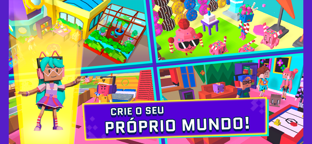 Geppetto 2 - Gameplay scenes from Geppetto 2 showing different environments and characters with the text Create your own world