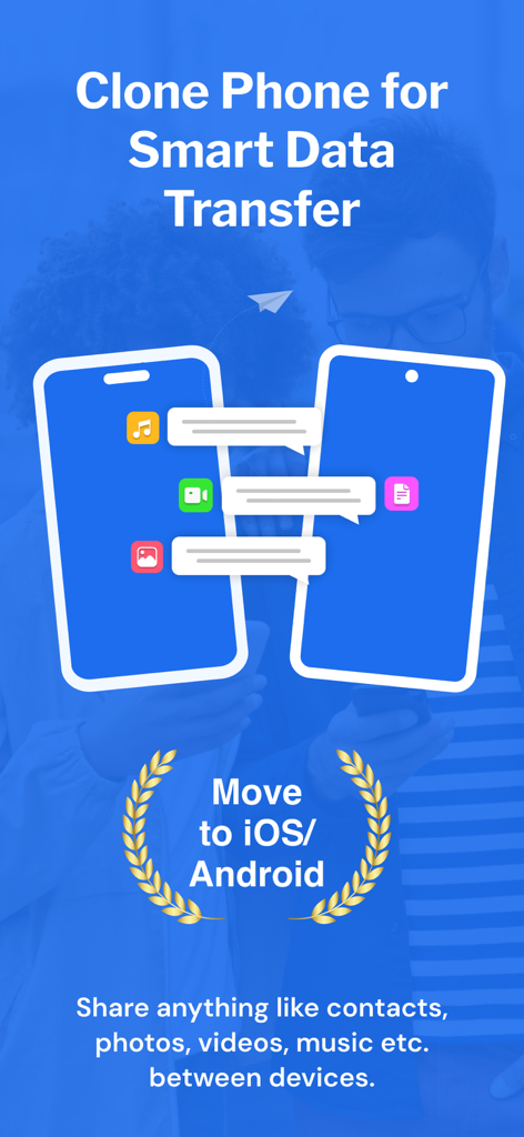 Clone Phone - Smart Switch - Graphic showing mobile data transfer between two smartphones for switching to iOS or Android