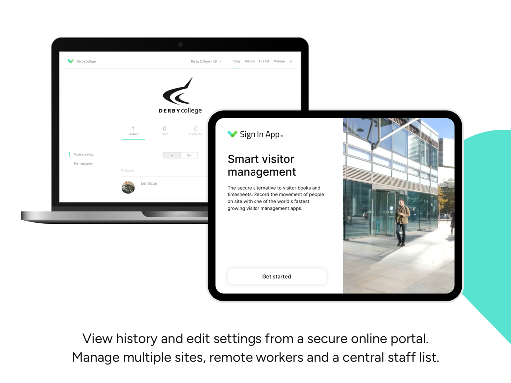 Sign In App Visitor Management - Laptop und Tablet mit dem Sign In App Besuchermanagement-Portal und der Anmeldeoberfläche.