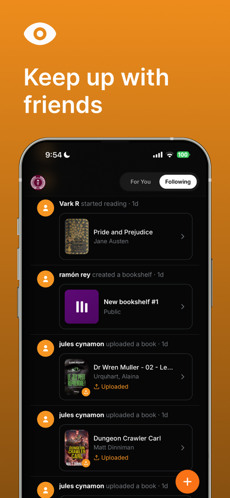 Lex Reader - Lex Reader mobile app social feed showing friends reading updates and bookshelf activity