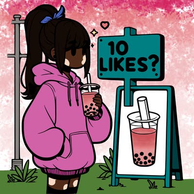 girl with oversized hoodie drinking boba and she has a high ponytail with a sign that says 10likes?