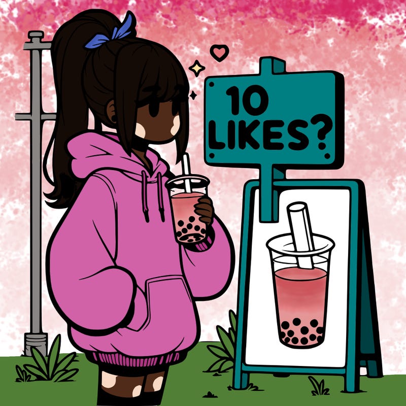 girl with oversized hoodie drinking boba and she has a high ponytail with a sign that says 10likes?