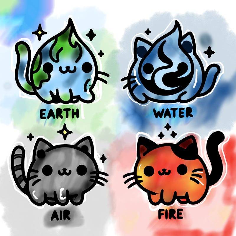 4 cats that represent the different elements, earth, water, air, and fire