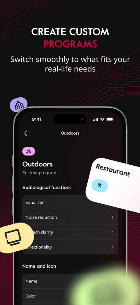 Smartphone screen showing the Amplifon app interface for creating custom hearing aid programs for outdoors and restaurant settings.