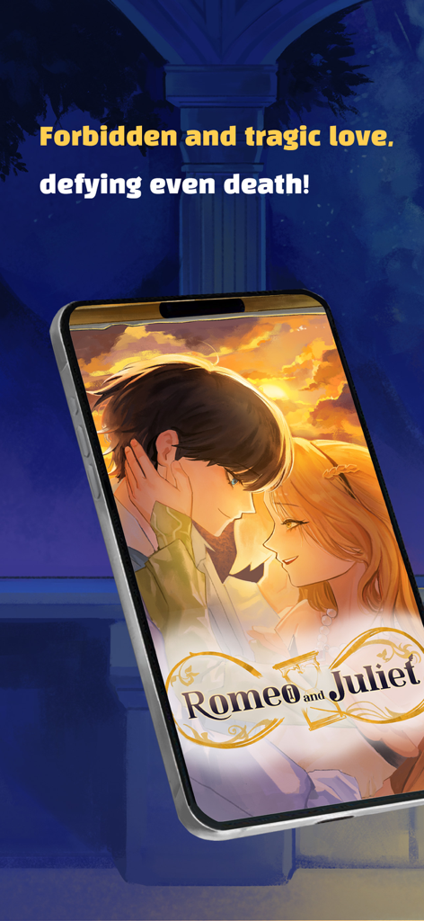 Romeo and Juliet: Love Story - スマートフォン画面に表示されたロミオとジュリエットのロマンチックなイラストと、彼らの悲劇的な愛についてのテキスト