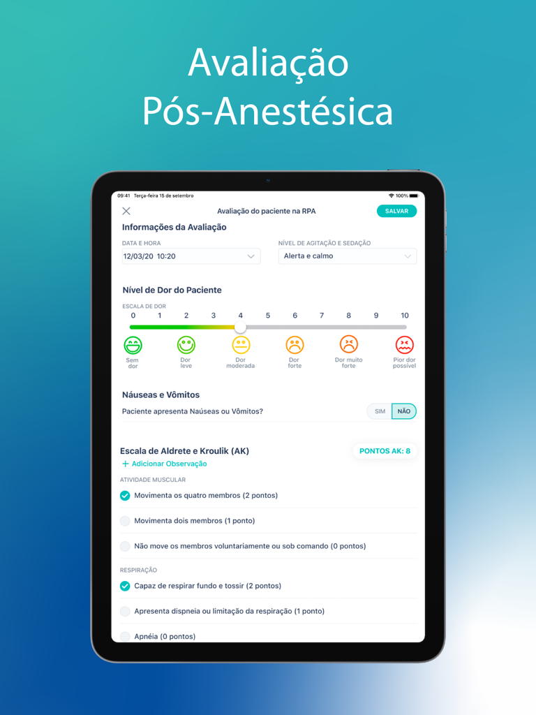 AxReg - AxReg app on an iPad displaying a post-anesthetic evaluation screen with pain scale and Aldrete score metrics