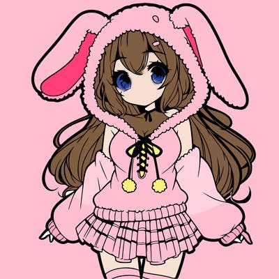 pretty anime girl wearing a fluffy hoodie with bunny ears on the hood and a skirt