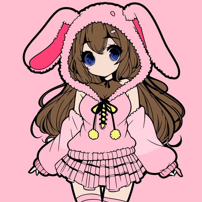 pretty anime girl wearing a fluffy hoodie with bunny ears on the hood and a skirt