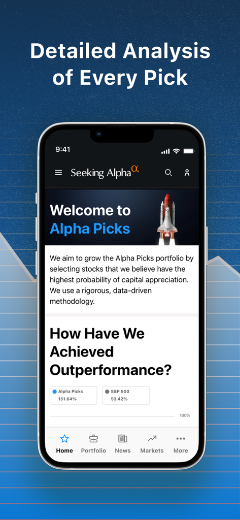 Seeking Alpha: News & Analysis - 알파 추천 주식 선택 분석 및 시장 성과 비교를 표시하는 Seeking Alpha 앱 인터페이스