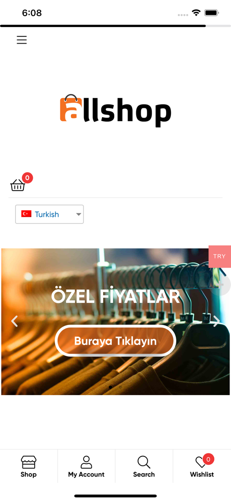 Allshop - Allshop mobile app home screen showing Turkish language selection and special price fashion banner