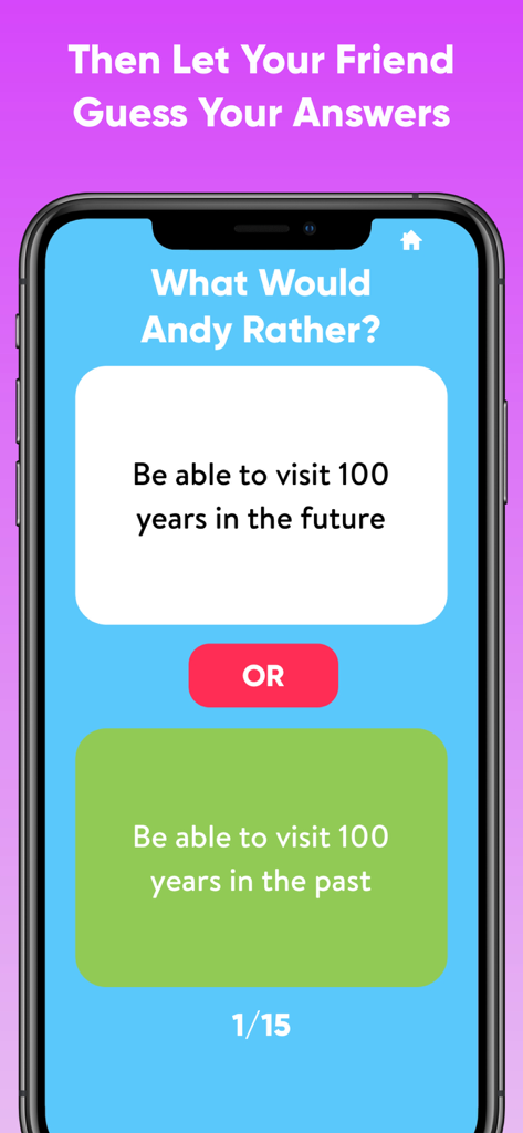 友達を知るクイズアプリのゲームプレイ画面、「どちらを選ぶ？」質問が表示されている