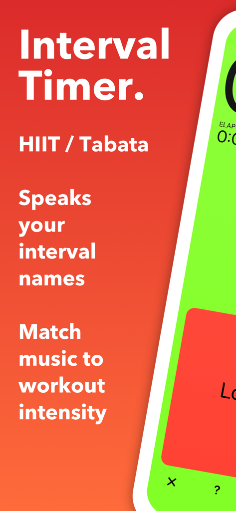 Seconds Interval Timer app screen displaying HIIT and Tabata features with voice prompt text.