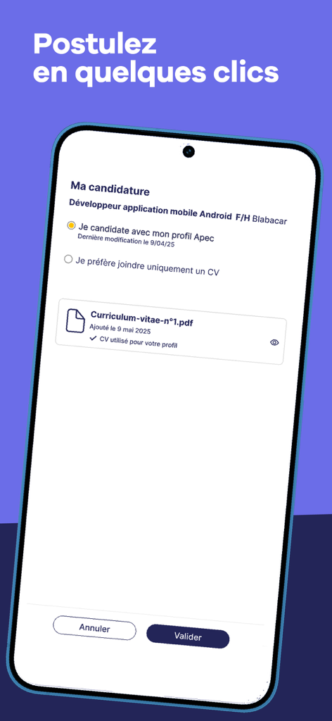 Apec : offres d’emploi cadres - Interface of the Apec mobile app showing a quick job application process for a developer role