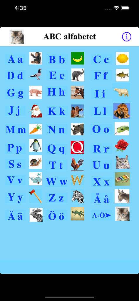 Alfabetet - A minimalist grid display of Swedish alphabet letters from A to Ö with matching animal and object illustrations.