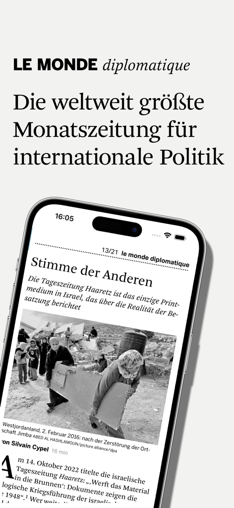 Le Monde diplomatique - Le Monde diplomatique deutsche Ausgabe App auf einem Smartphone-Bildschirm, die einen Artikel über internationale Politik zeigt