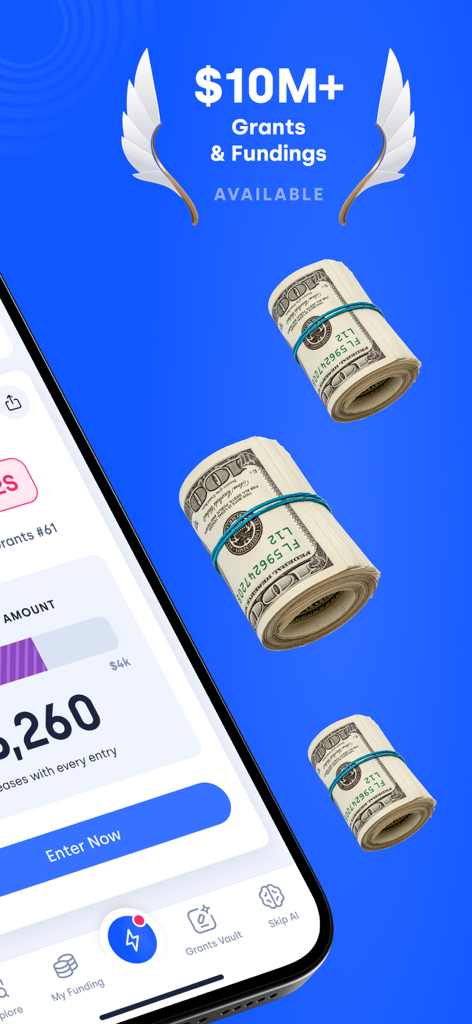 Skip app interface displaying over 10 million dollars in available business grants and funding.