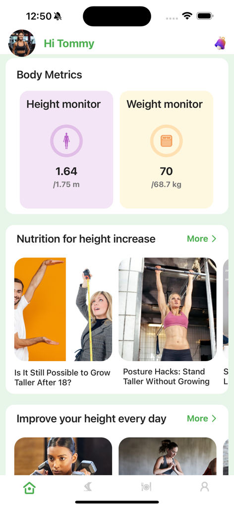 KidWorkout 360 Grow Faster - Tela inicial do aplicativo KidWorkout 360 exibindo monitores de altura e peso e artigos de nutrição para crescimento