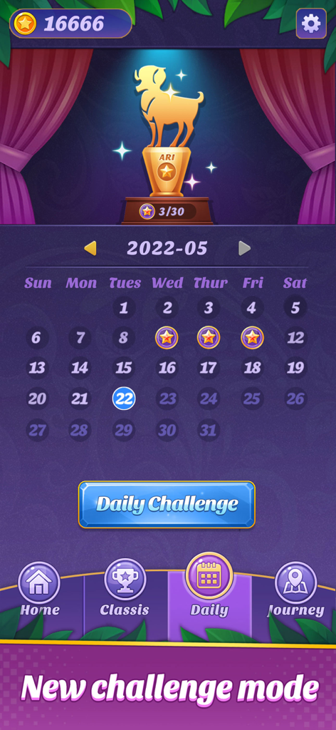 Block Puzzle 99 daily challenge calendar screen with a golden trophy and new challenge mode button