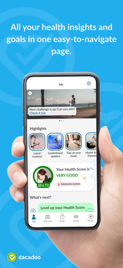 dacadoo - A person holding a smartphone showing the dacadoo app dashboard with a personal health score and wellness highlights