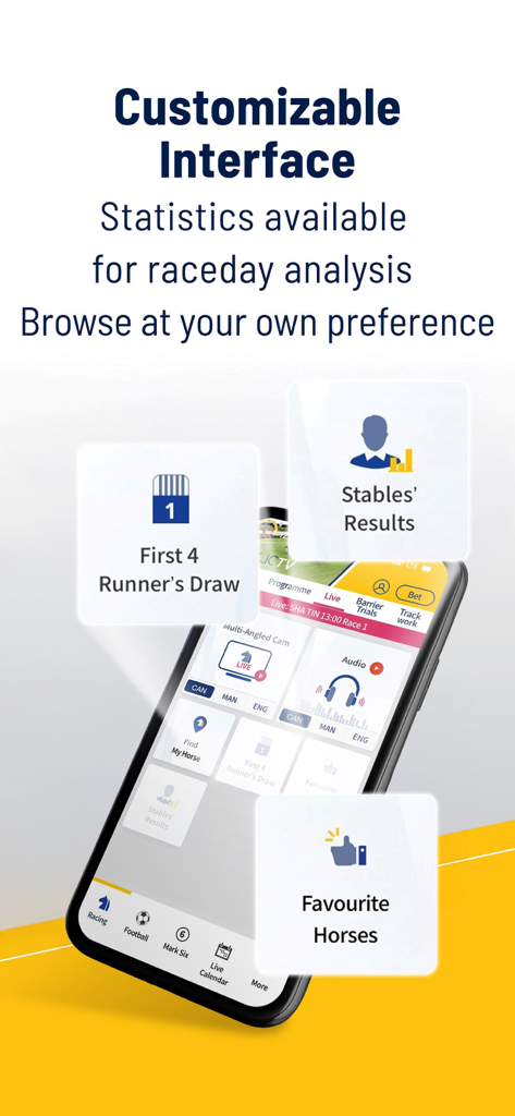HKJC TV app interface with customizable race day statistics and favorite horses