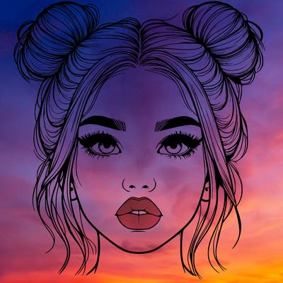 realistic girl with two buns on her hair and lips