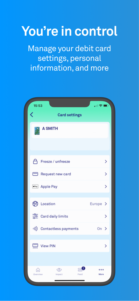 Triodos Bank UK - Triodos Bank UK app interface showing debit card management and security settings